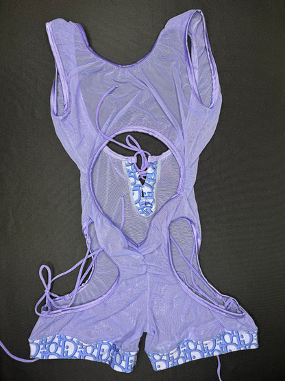 Lavender Designer Spandex/Mesh One-Piece Sleeveless Romper/Bikini Top Lingerie Outfit