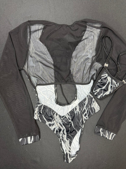 Grey Thunder Print Spandex Leotard One-Piece Lingerie Outfit
