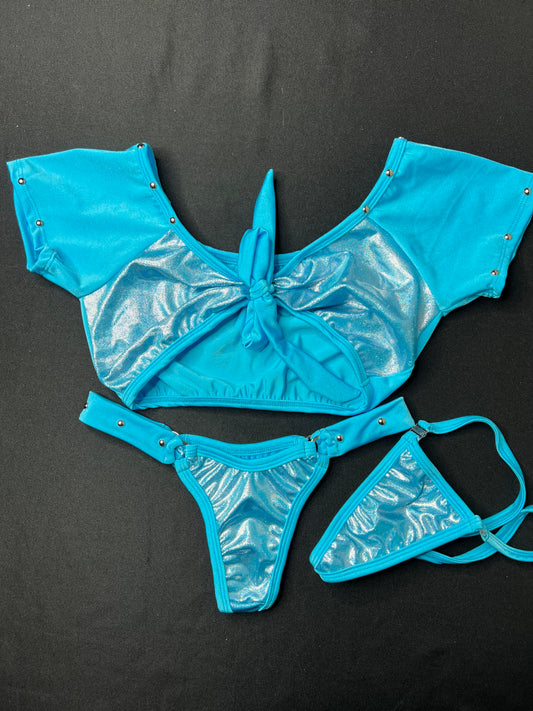 Mystic Blue Short Sleeves/Thong Two-Piece Lingerie Outfit