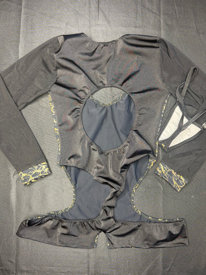Gold/Black Spandex/Black Mesh Long Sleeve Romper Lingerie Outfit