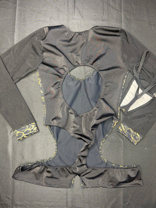 Gold/Black Spandex/Black Mesh Long Sleeve Romper Lingerie Outfit
