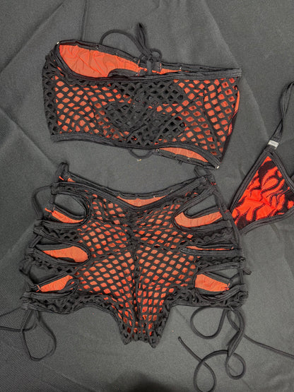 Orange Flame Mesh Tube Top/Shorts Two-Piece Lingerie Outfit