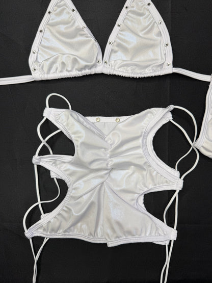Metallic White/White Spandex Bikini Top/Shorts Two-Piece Lingerie Outfit
