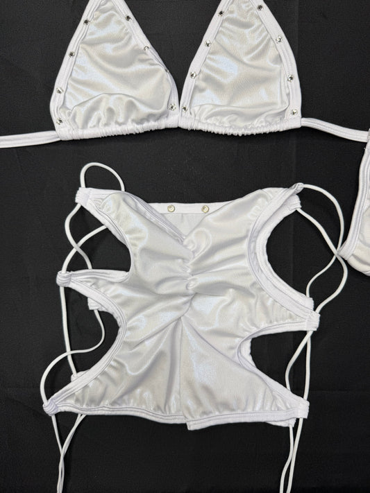 Metallic White/White Spandex Bikini Top/Shorts Two-Piece Lingerie Outfit