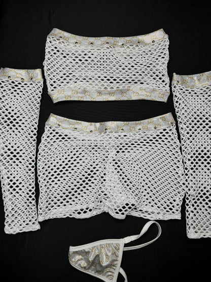 Metallic Silver/Gold Designer Three-Piece White Fishnet Arm Sleeve Lingerie Outfit