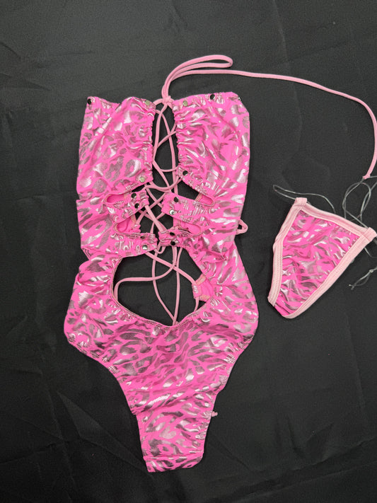 Pink Cheetah Animal Print One-Piece Lingerie Outfit