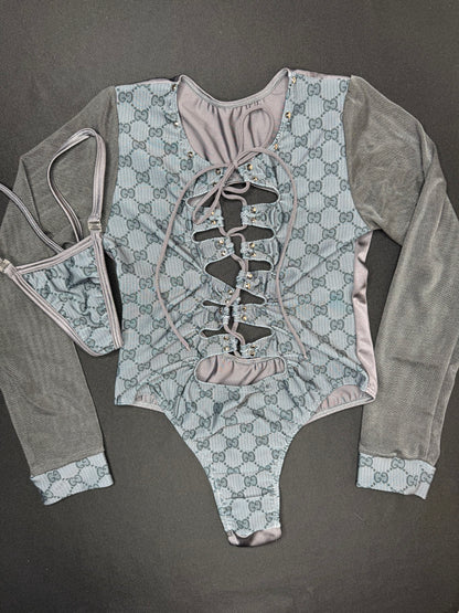 Designer Spandex/Charcoal Mesh One-Piece Leotard Outfit