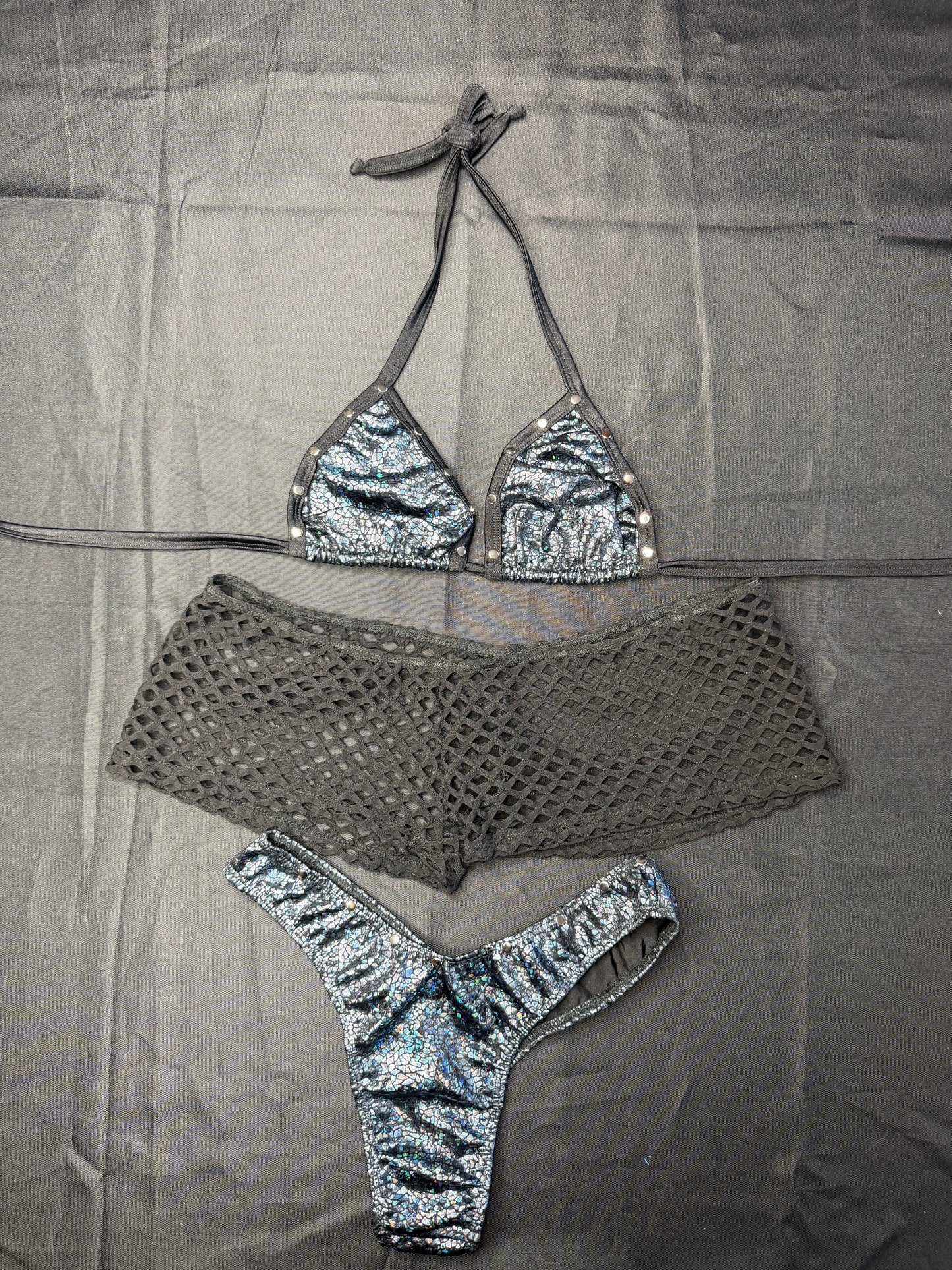 Black Spandex Fishnet Three-Piece Cheeky Thong/Shorts Lingerie Outfit