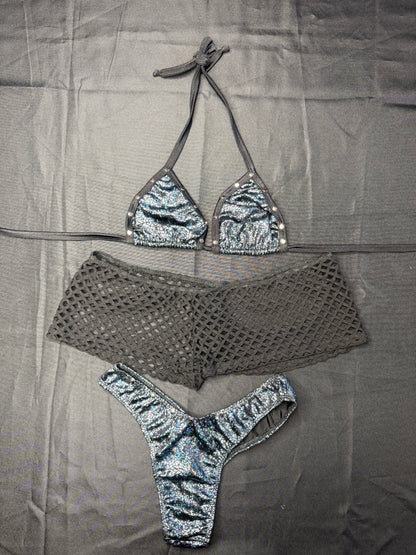 Black Spandex Fishnet Three-Piece Cheeky Thong/Shorts Lingerie Outfit