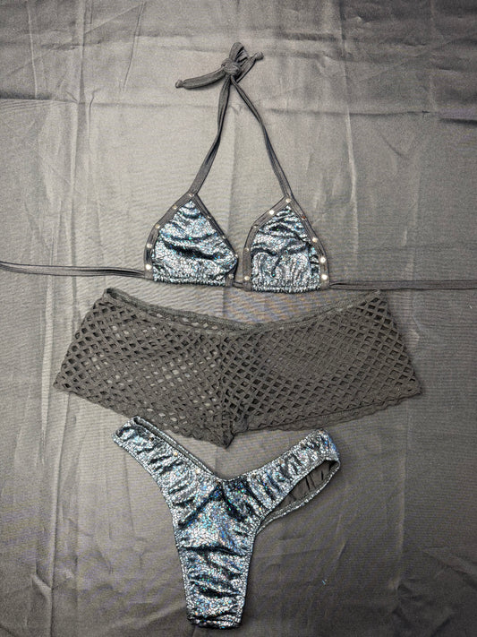 Black Spandex Fishnet Three-Piece Cheeky Thong/Shorts Lingerie Outfit