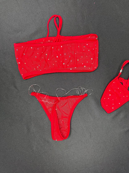 Red Sparkle Mesh Tube Top/Silicone String Bikini Two-Piece Lingerie Outfit