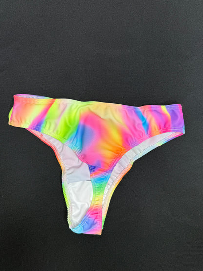 Rainbow Spandex/Baby Blue Mesh Three Piece Shorts/Fringe Chaps/Fringe Top Lingerie Outfit