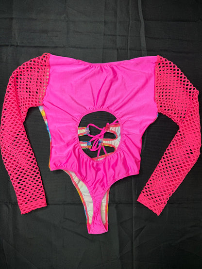Hot Pink/Metallic Rainbow Spandex Leotard Lingerie Outfit