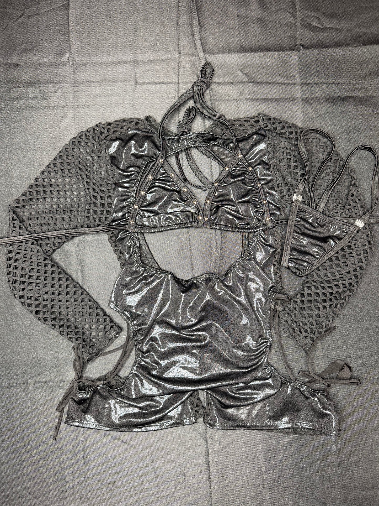 Metallic Black/Black Spandex Romper Lingerie Outfit