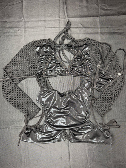 Metallic Black/Black Spandex Romper Lingerie Outfit