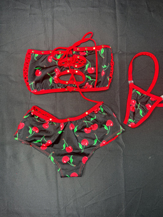 Cherry Spandex Tube-Top/Shorts Two-Piece Lingerie Outfit