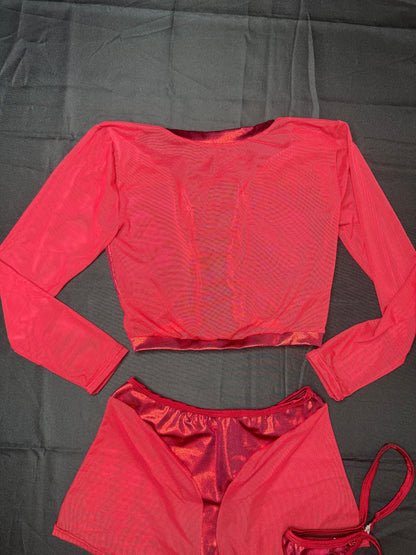 Metallic Burgundy Spandex/Burgundy Mesh Long Sleeve/Shorts Two-Piece Lingerie Outfit