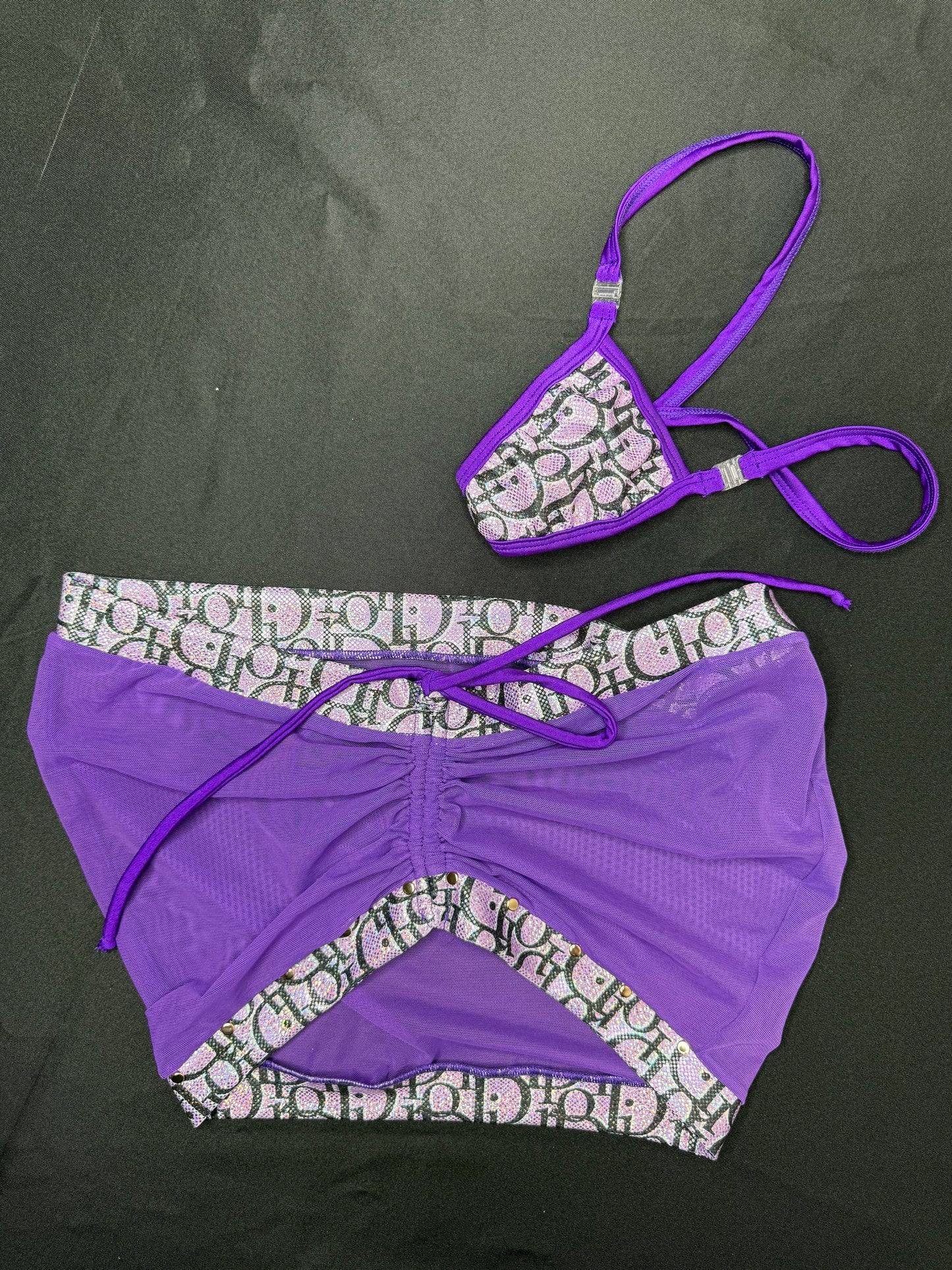 Designer Purple Spandex Sling-Shot/Mesh Skirt Three-Piece Skirt Outfit