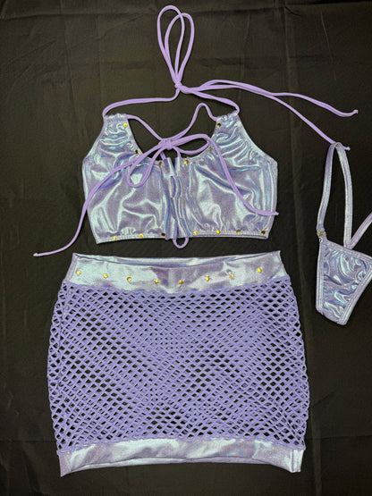 Metallic Lavender Sports Bra/Lavender Fishnet Skirt Two-Piece Skirt Lingerie Outfit