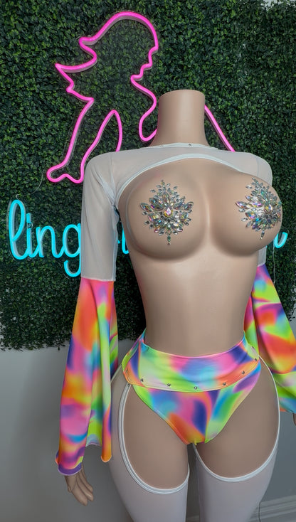 Rainbow Spandex/Baby Blue Mesh Three Piece Shorts/Fringe Chaps/Fringe Top Lingerie Outfit