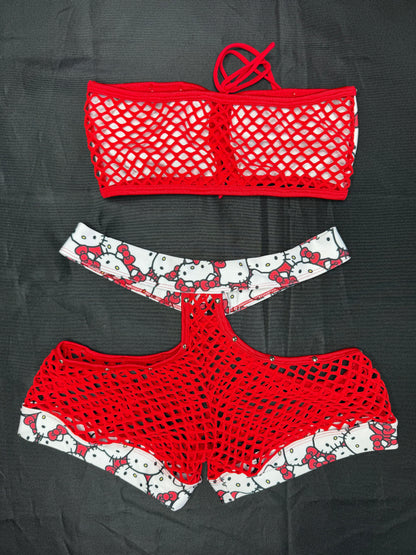 Kitty Print/Red Spandex Tube Top/Shorts Lingerie Outfit