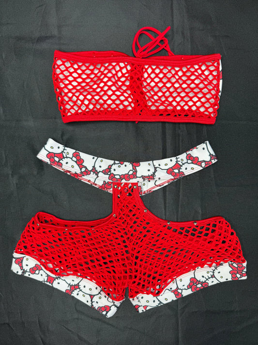Kitty Print/Red Spandex Tube Top/Shorts Lingerie Outfit