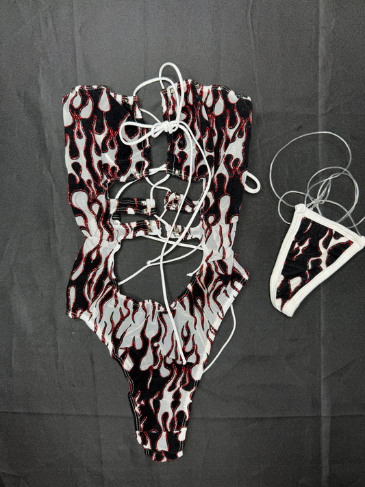 White/Red Flame Mesh One-Piece Lingerie Outfit