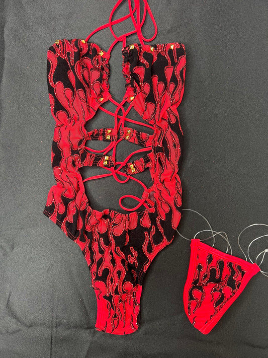 Red Flame Mesh One-Piece Lingerie Outfit
