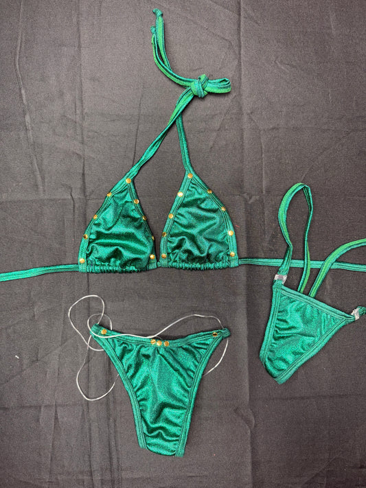 Metallic Green Spandex Two-Piece Bikini Lingerie Outfit