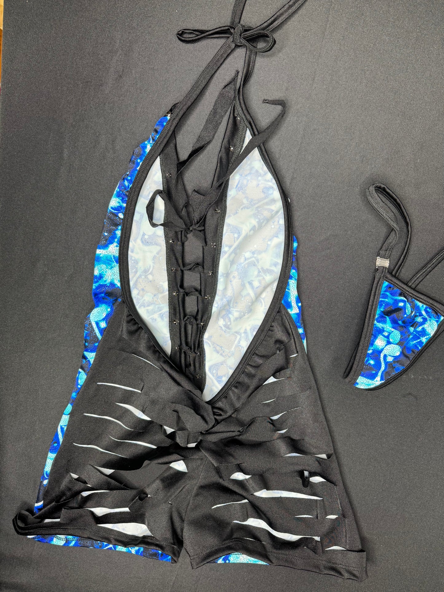 Blue/Black Spandex One-Piece Ripped Back Lingerie Outfit