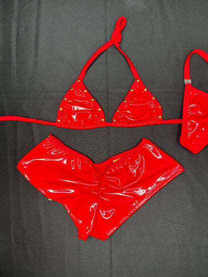 Red Latex/Gold Zipper Two-Piece Shorts Lingerie Outfit
