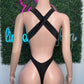 Purple Fishnet/Cosmic/Black Spandex One-Piece Romper Lingerie Outfit