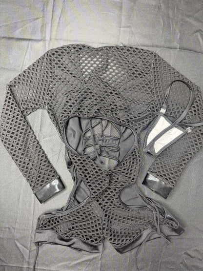 Black Spandex Fishnet Romper Lingerie Outfit