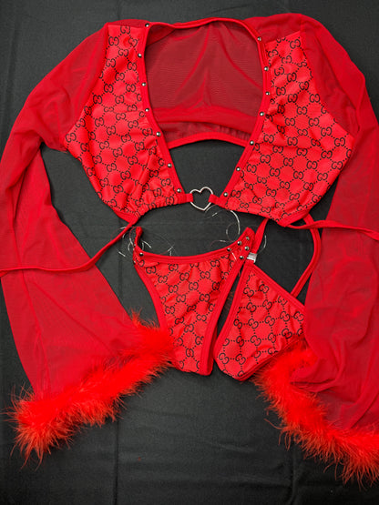 Red Fur/Mesh Long Sleeve Designer Spandex Valentine’s Day Two-Piece Outfit