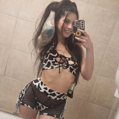 Cow Print Two-Piece Lingerie Set for Exotic Dance Fringe Shorts