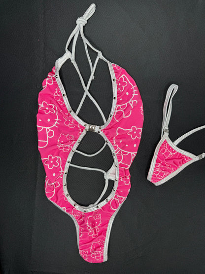 Hot Pink/Silver Kitty Print One-Piece Lingerie Outfit