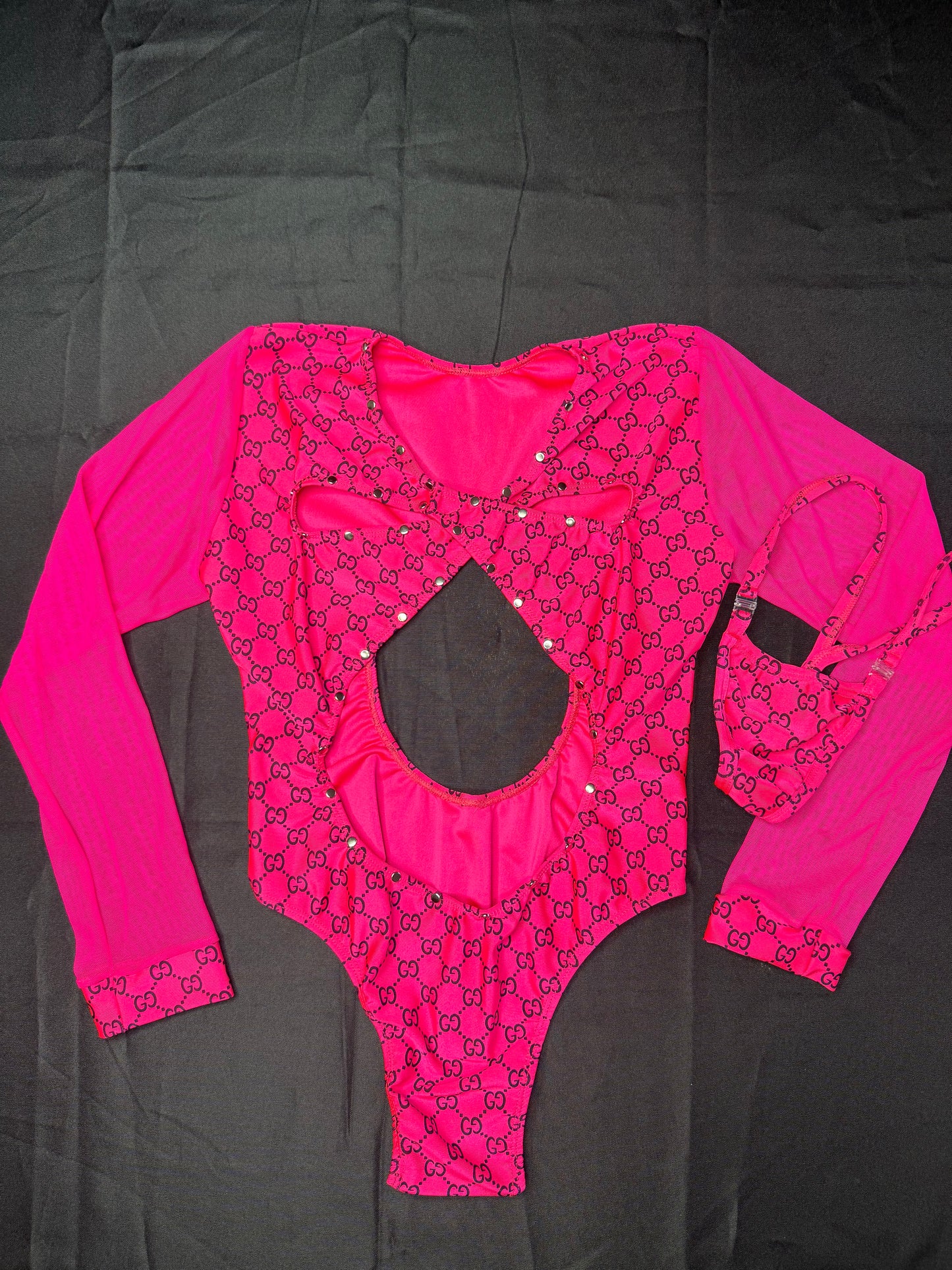 Hot Pink Spandex/Mesh Leotard Lingerie Outfit