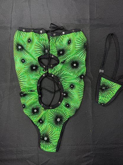 Metallic Lime Green/Black Spandex One-Piece Lingerie Outfit