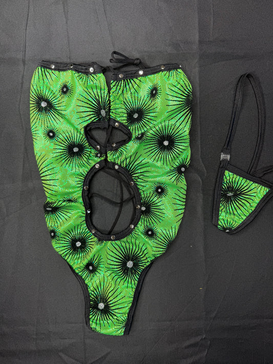 Metallic Lime Green/Black Spandex One-Piece Lingerie Outfit