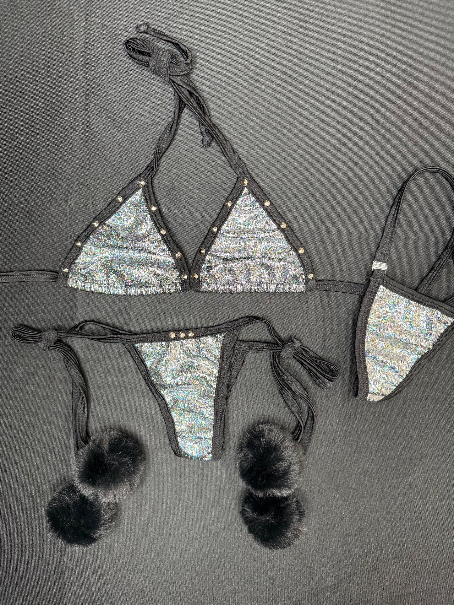 Silver/Black Fur Two-Piece Bikini Lingerie Outfit
