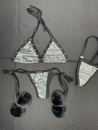 Silver/Black Fur Two-Piece Bikini Lingerie Outfit