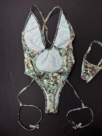 Holographic Money Print One-Piece Lingerie Outfit