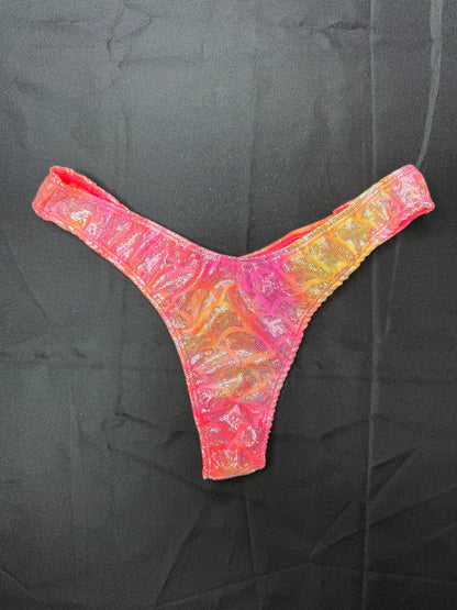 Bright Neon Coral/Hot Pink Mesh One-Piece Cheeky Thong Lingerie Outfit