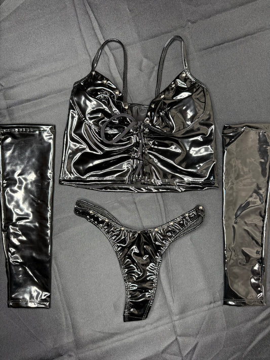 Black Latex Three-Piece Lingerie Outfit