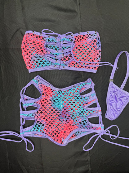 Lavender Ombré Fishnet Tube-Top/Shorts Two-Piece Lingerie Outfit