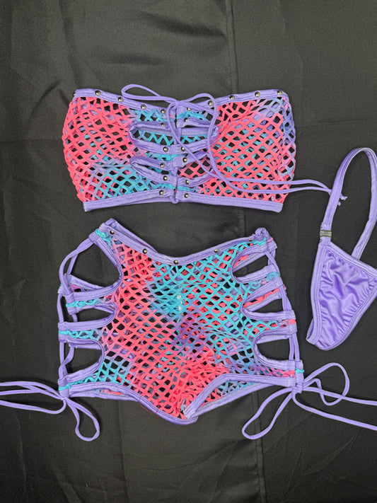 Lavender Ombré Fishnet Tube-Top/Shorts Two-Piece Lingerie Outfit