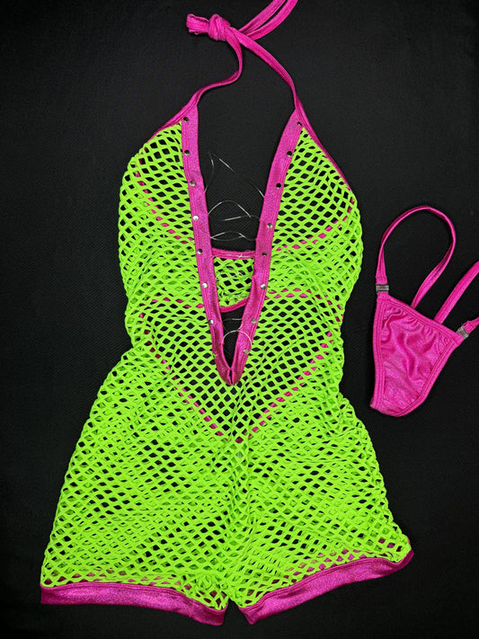Neon/Pink One-Piece Fishnet Lingerie Outfit