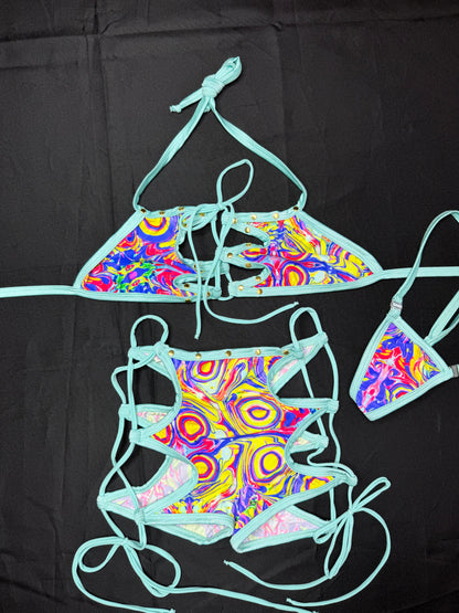 Cyan/Multi Color Spandex Two-Piece Shorts Lingerie Outfit