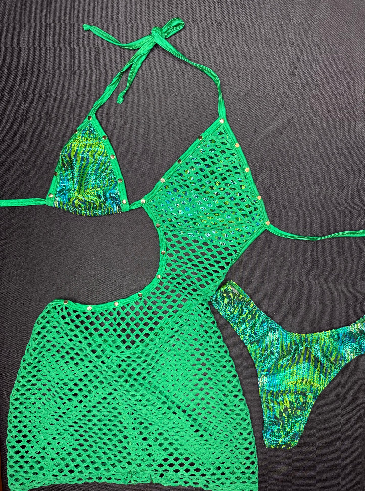 Green Animal Print/Green Fishnet One-Piece Cheeky Thong Lingerie Outfit