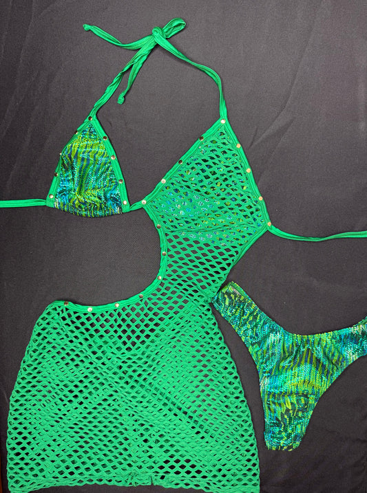 Green Animal Print/Green Fishnet One-Piece Cheeky Thong Lingerie Outfit